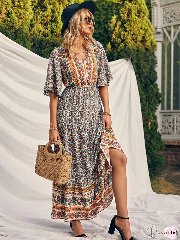 Floral Button Flares Sleeve Dress