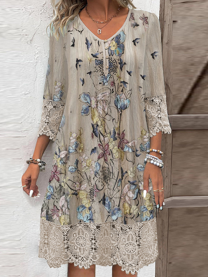 Women's 3/4 Sleeve V-neck Graphic Lace Floral Printed Buttons Midi Dress