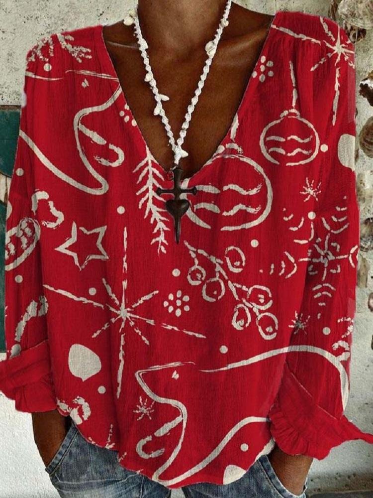 Women's Red Christmas Long Sleeve V Neck Blouses