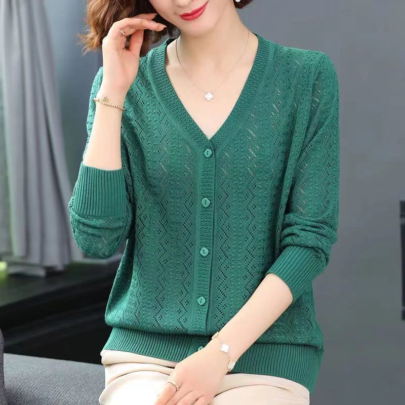 Churchf Churchf Summer Empty Hollow Coat Casual Long Sleeve Loose Knit Cardigan Women's V-Neck Thin Top