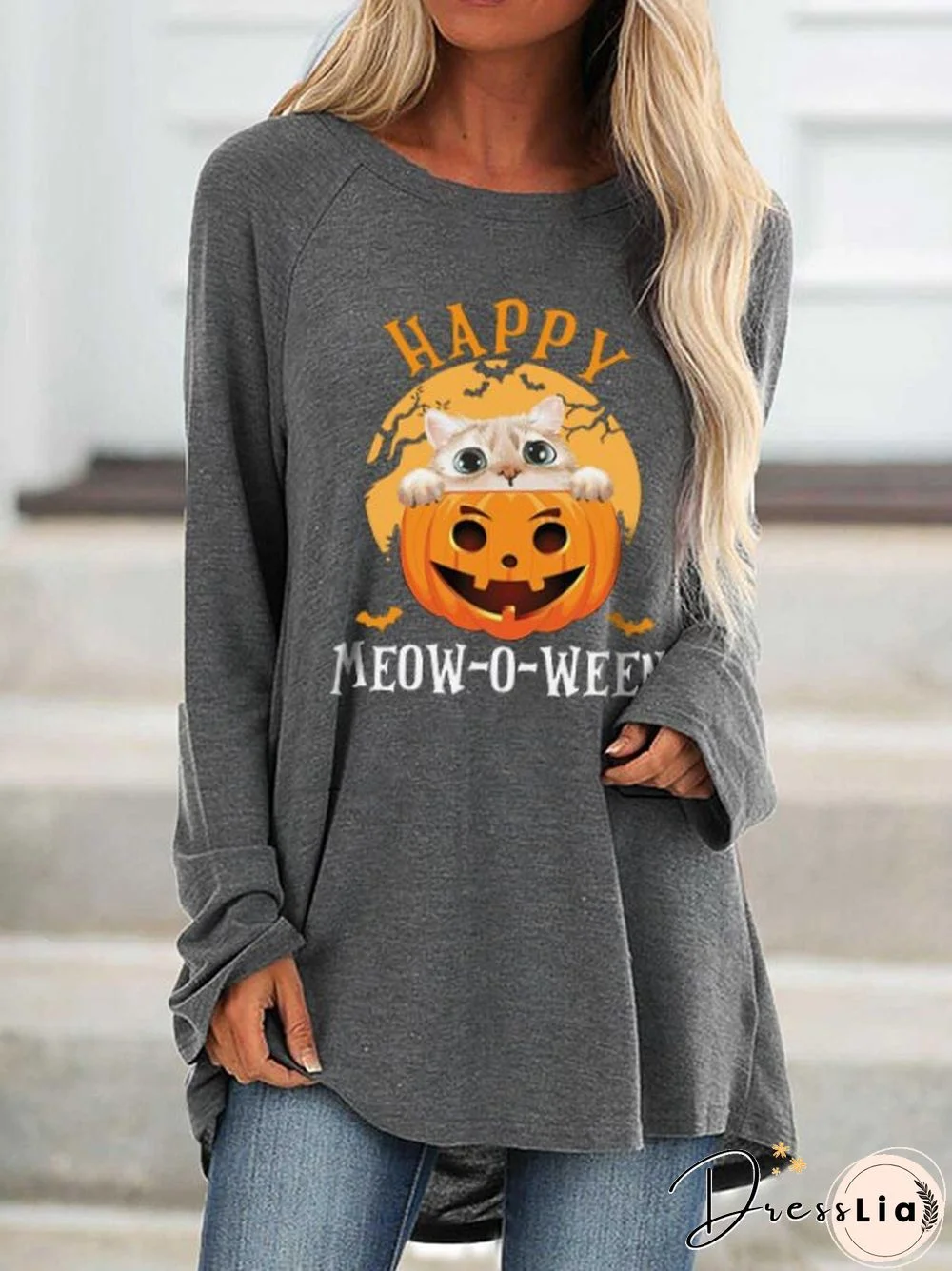 Happy Halloween Cat Pumpkin Print Long Sleeve T-Shirt