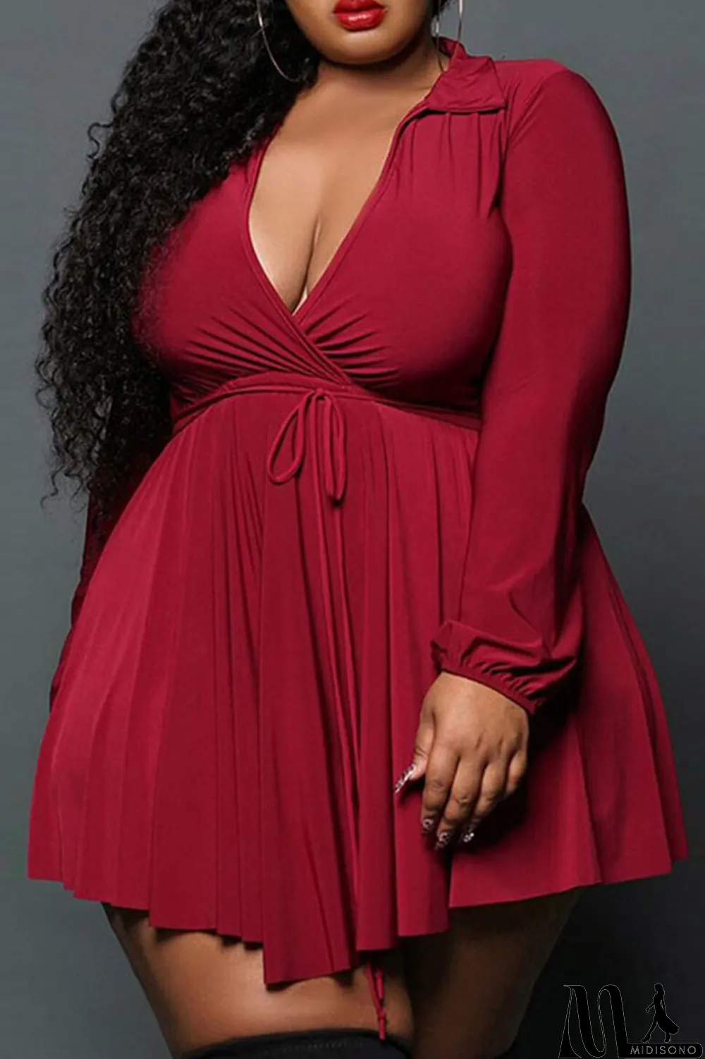 MidiSono - Rose Red Casual Solid Patchwork Frenulum Asymmetrical Turndown Collar A Line Plus Size Dresses