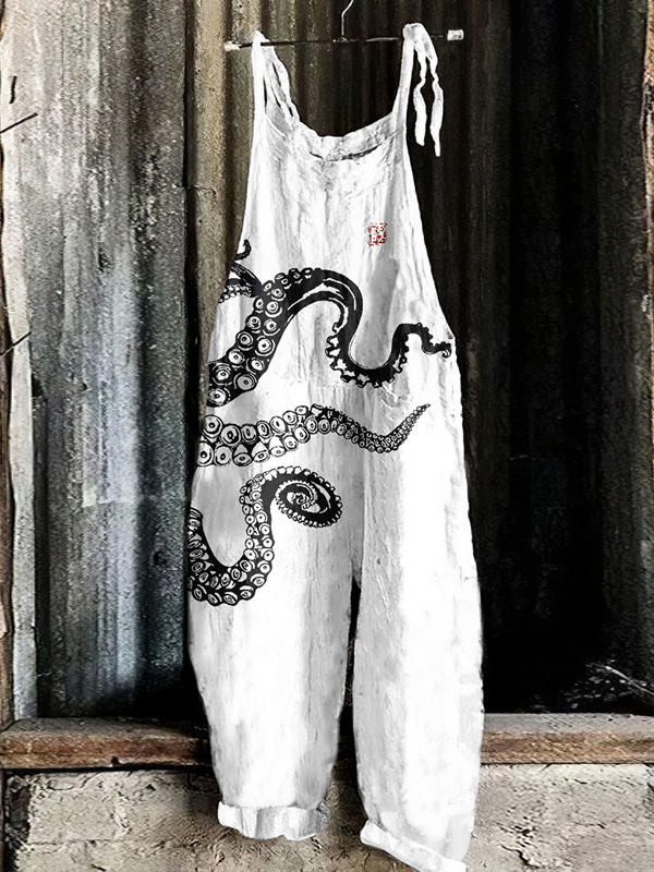 Women's Cute Print Linen Blend Casual Jumpsuit