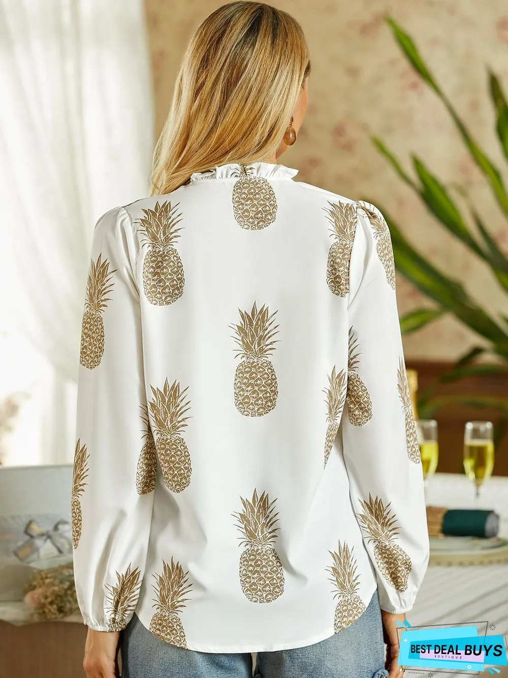 Casual Ruffled V neck Long Sleeve Top