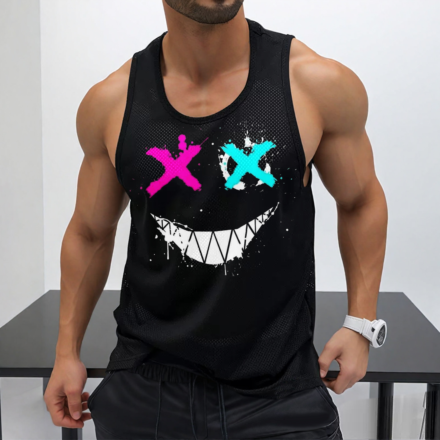 Street Casual Men's Smiley Face Printed Mesh Vest Fitness Quick Dry Vest Home Comfort Vest / TECHWEAR CLUB / Techwear