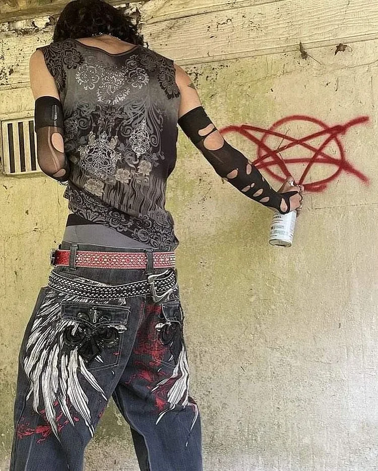 Mingyejia American Street New Y2K Baggy Jeans Harajuku Hip Hop Retro Oversize Graphic Printing Denim Pants Mens Gothic Trend Wide Trouser