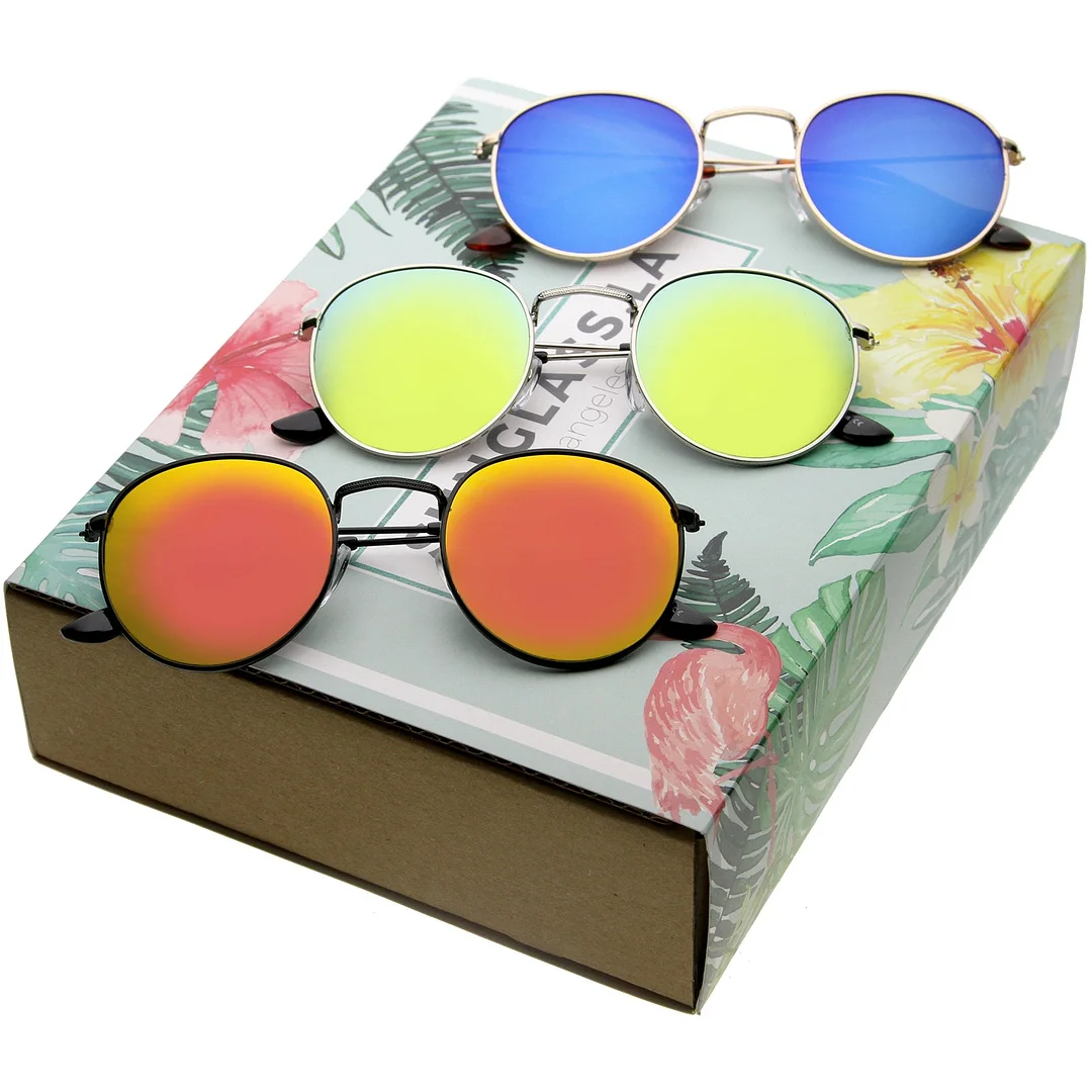 Classic Metal Slim Temple Textured Nose Bridge Mirrored Lens Round glasses 49mm