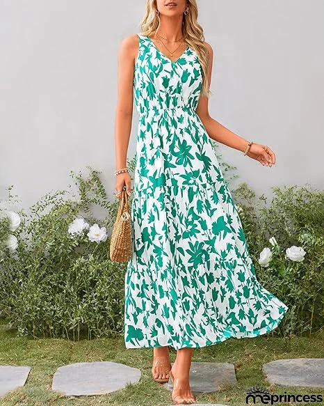 V-Neck Sleeveless Printed Maxi Dress