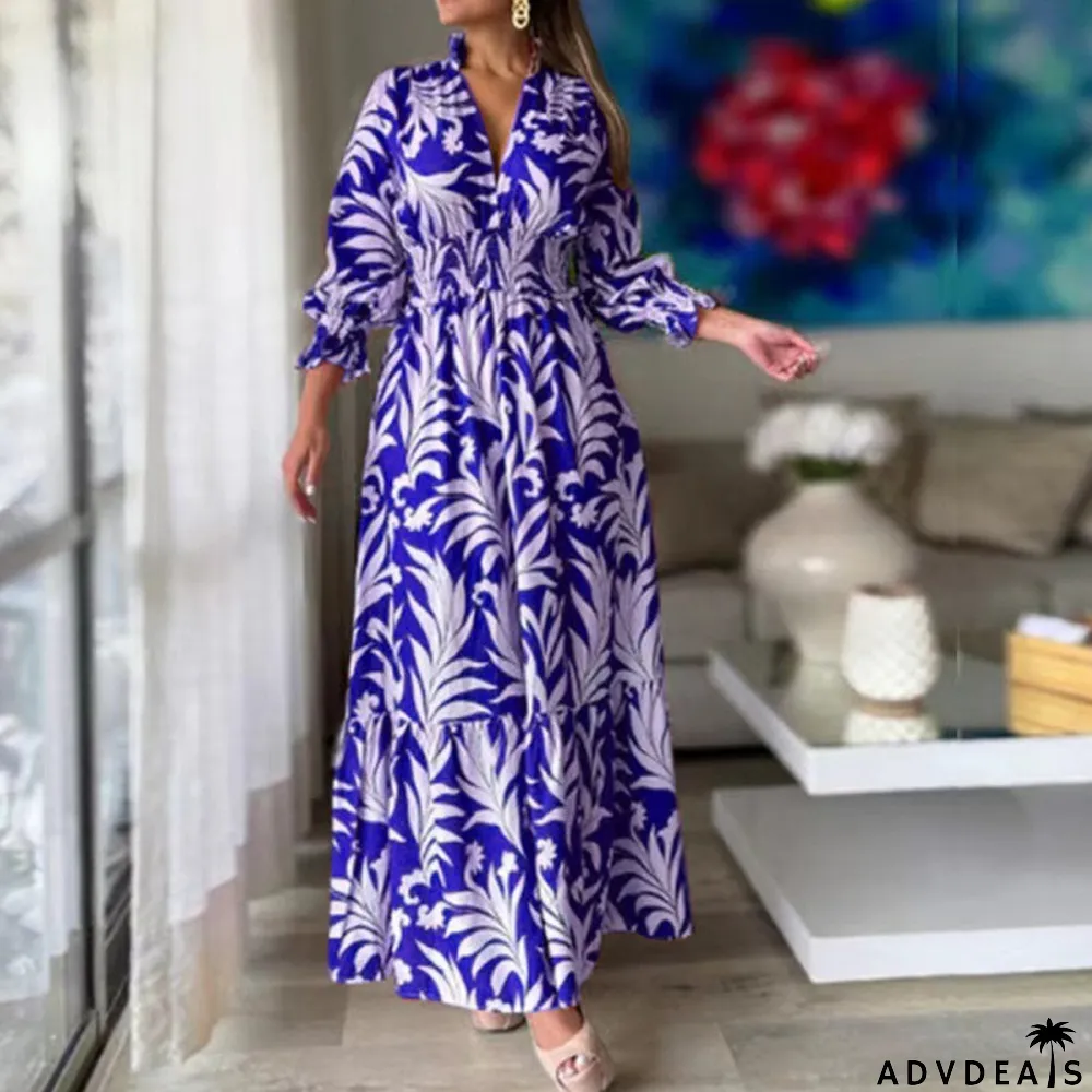 Women Spring Long Sleeve Bohemian Print Maxi Dress