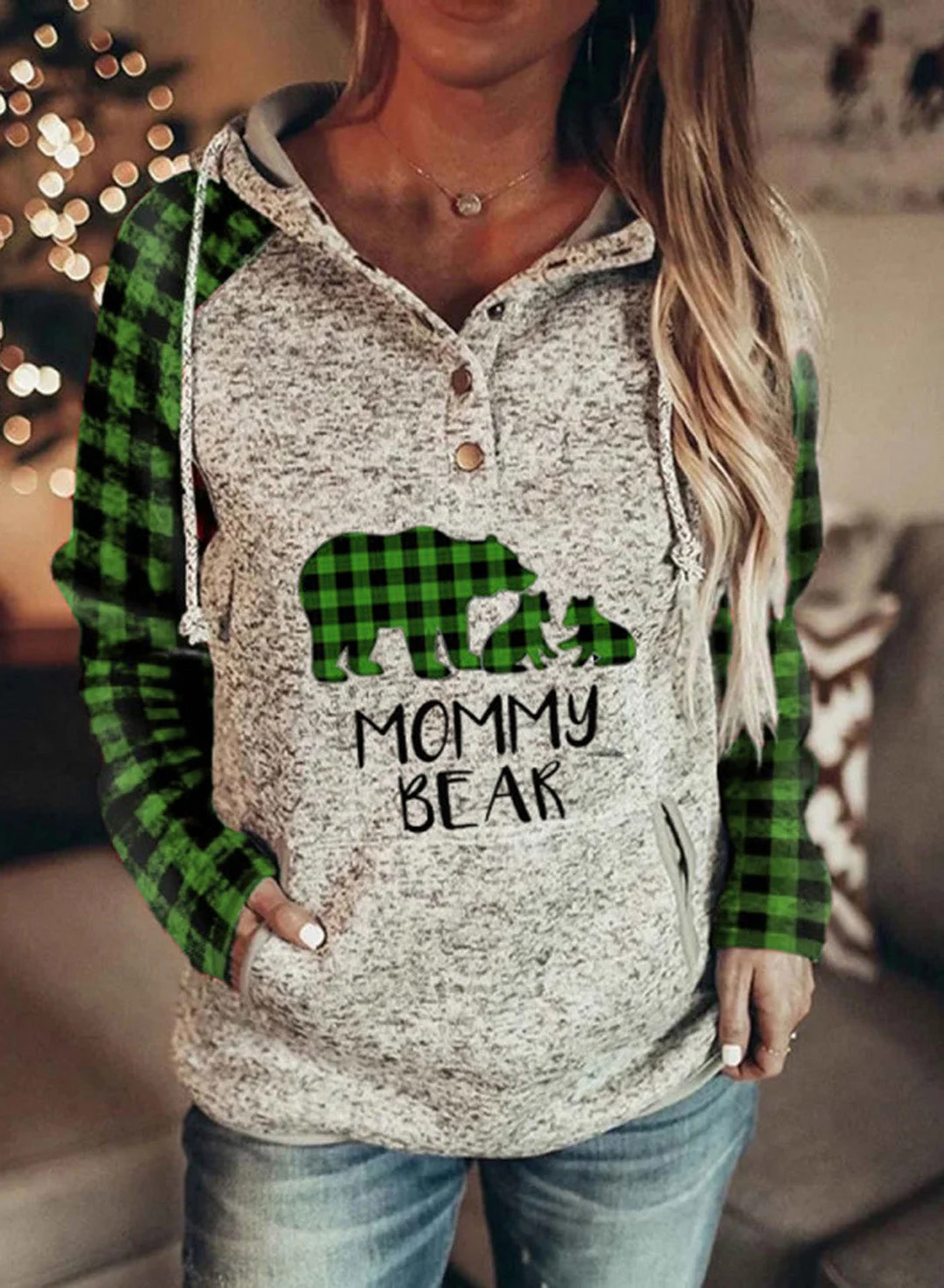 MOMMY BEAR Plaid Splicing Hoodies