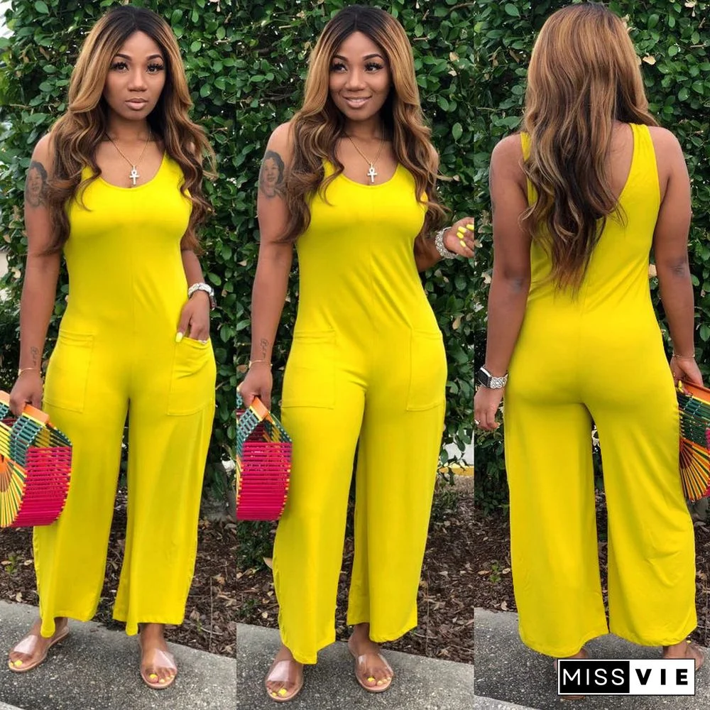 Round Neck Sleeveless Wide Leg Nightclub Women Jumpsuits