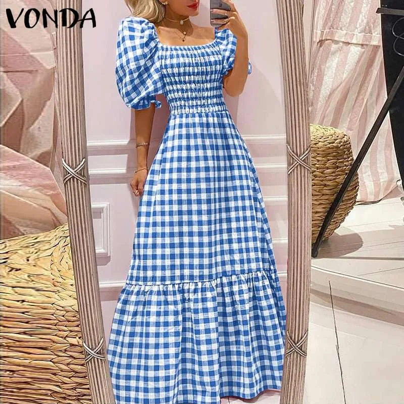Long Maxi Dress VONDA 2022 Summer Women Casual Short Sleeve Square Collar Vintage Plaid Party Bohemian Vestidos Loose Sundress