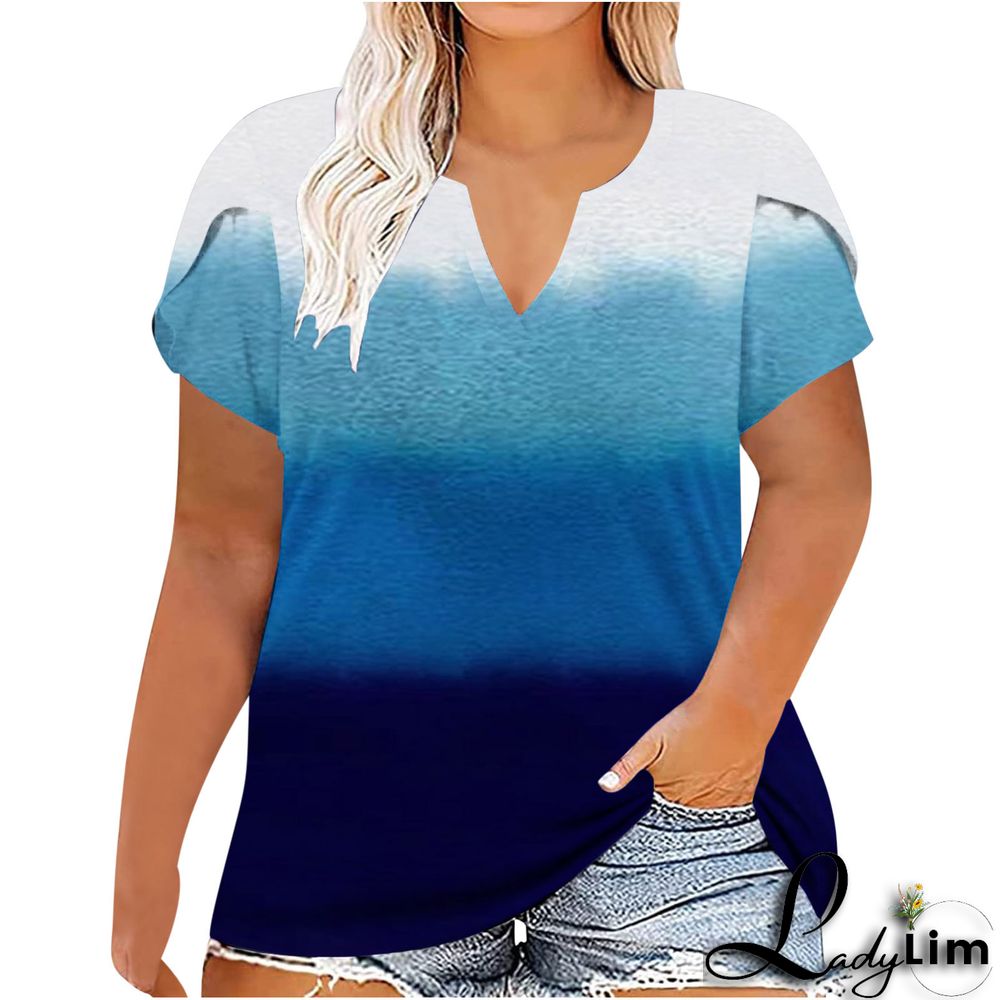 V-Neck Plus Size Ladies Short Sleeve T-Shirt Printed Top