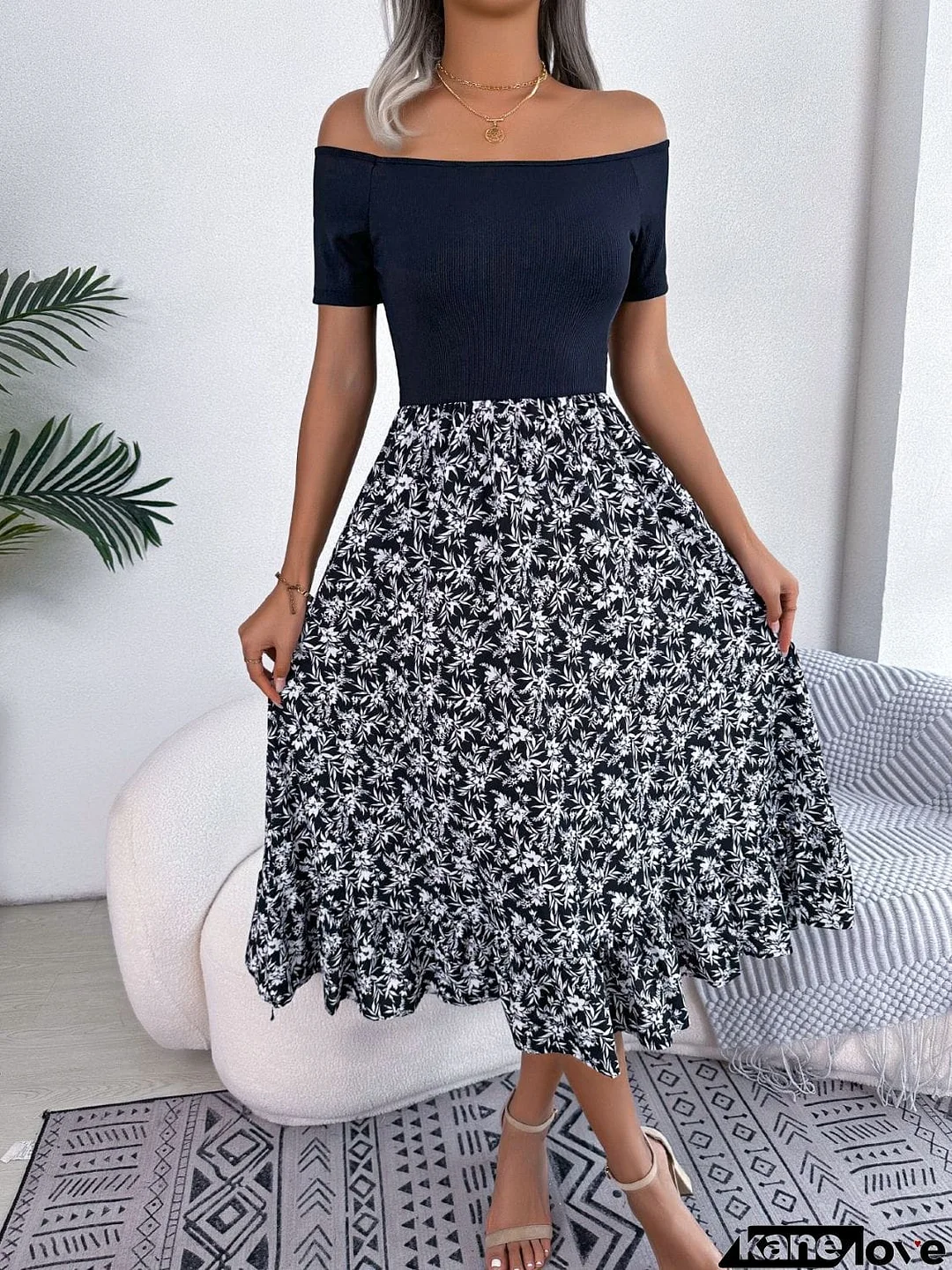 Printed Off-Shoulder Ruffle Hem Dress
