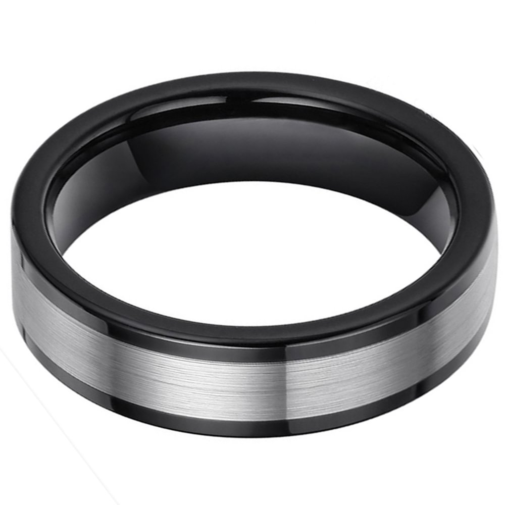 6MM Black Tungsten Carbide Wedding Band Ring Polished Edges Satin Silver Center Comfort Fit