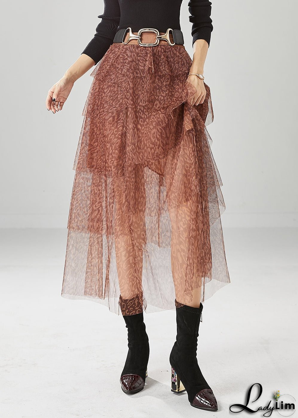 Diy Brick Red Layered Design Print Tulle Skirt Summer