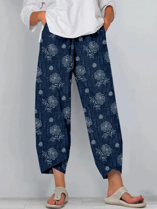 Casual Floral Pattern Cropped Casual Pants