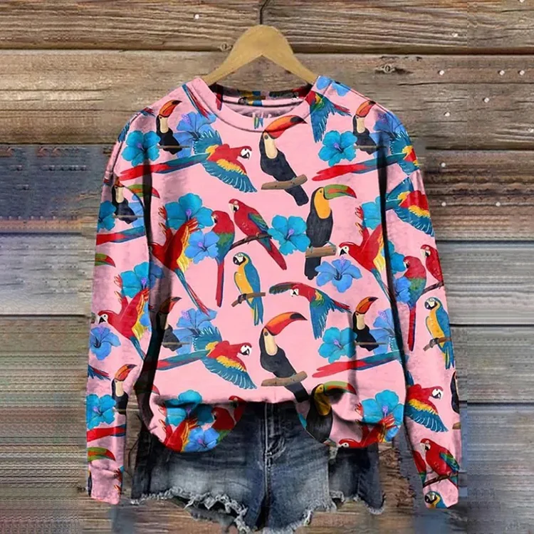 Wearshes Parrot Flower Print Round Neck Casual Sweatshirt