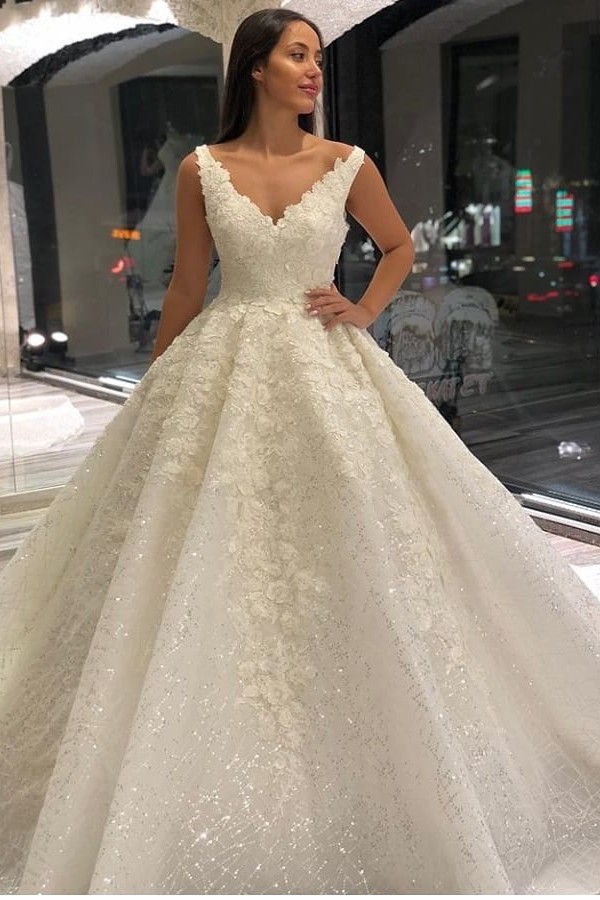 Glamorous Deep V-Neck Long Wedding Dress With Lace Appliques Sequins - lulusllly