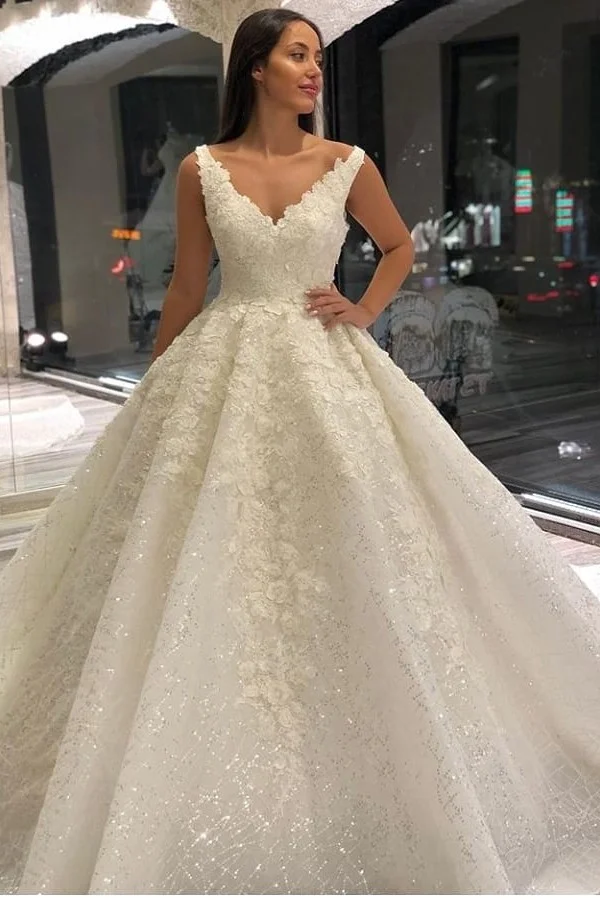 A-Line Deep V-neck Floor-length Wedding Dress With Appliques Lace Sequins