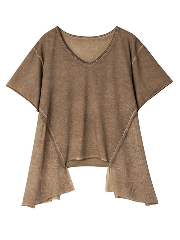 Stylish Brown Cropped High-Low V-Neck T-Shirt