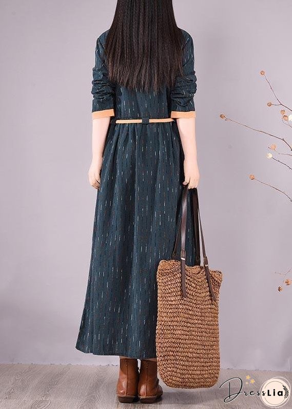 Women Blue Striped Quilting Clothes O Neck Tie Waist Long Spring Dresses