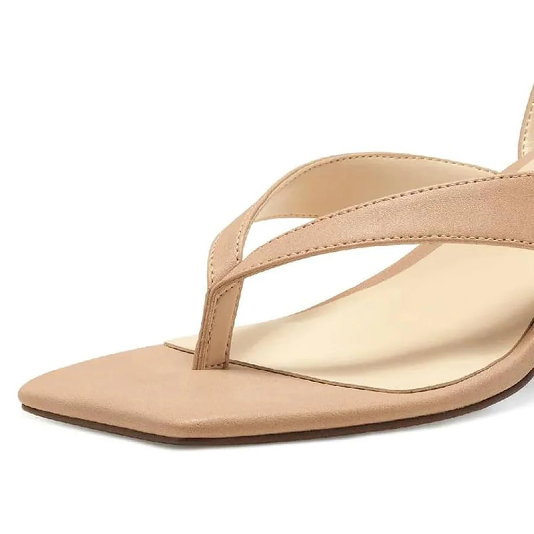 Nude Open Square Toe Flip Flop Design Lace Up Sandals with Block Heel