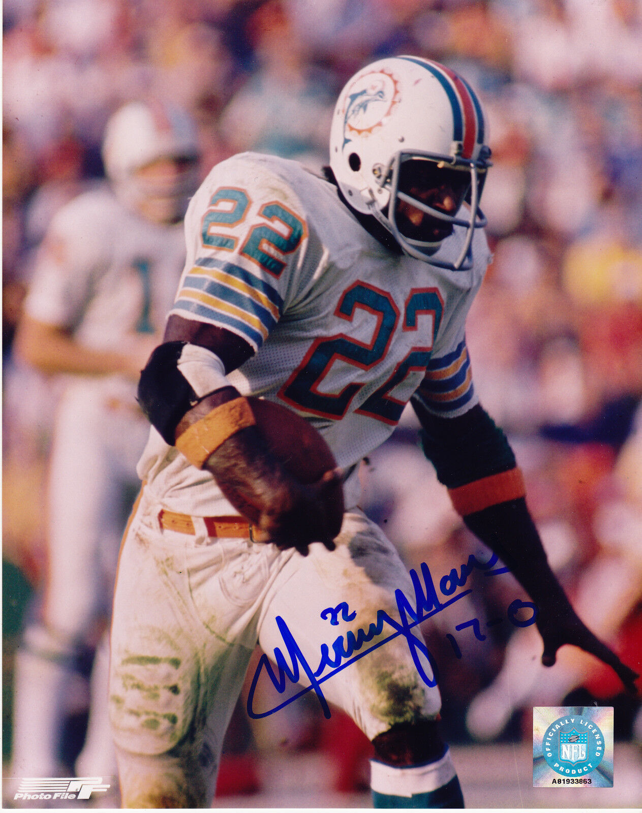 MERCURY MORRIS MIAMI DOLPHINS ACTION SIGNED 8x10