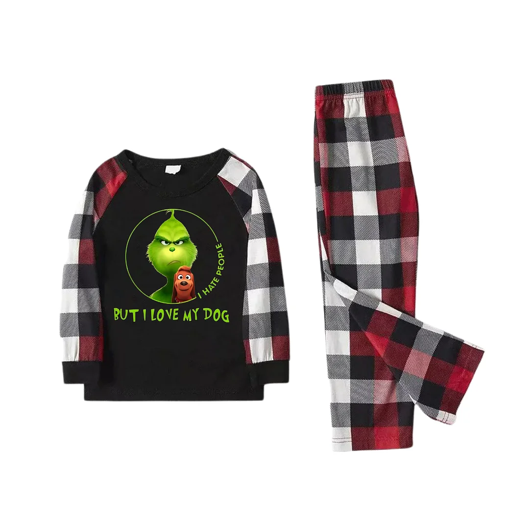 'I Hate People But I love My Dog' Text With Green Cartoon Characters and Dog Pattern Contrast Black Top Red&Black&White Plaid Pants Family Matching Pajamas