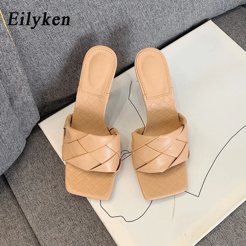 Eilyken Summer New Design Weave Square Toe Heels High Quality PU Leather Slippers Gladiator Beach Womens Sandal Slides Shoes