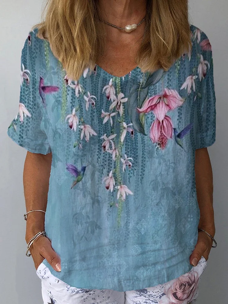 Women's Trailing Orchid Print Cotton Linen T-Shirt