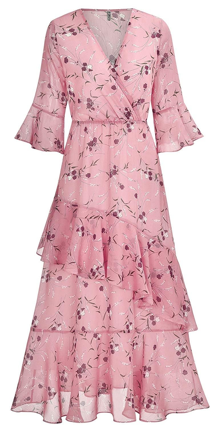 Womens Dresses Yellow Floral Maxi Dress V Neck High Waist Chiffon Beach Summer Party Casual Long Dresses