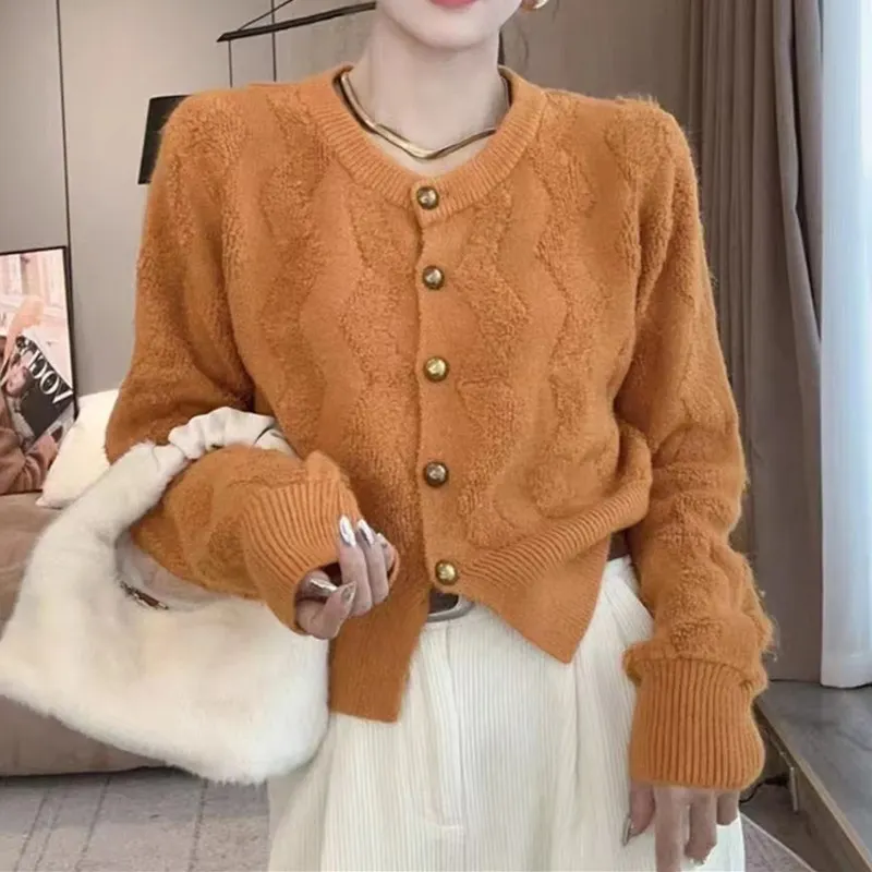 Churchf Churchf Winter New Round Collar Small Fragrant Wind Small Single Breasted Cardigan Sweater Versatile Thick Knit Jacket Female