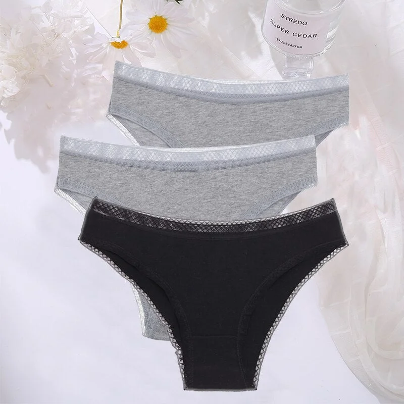 FINETOO 3PCS/Set Cotton Women Mesh Panties Sexy Perspective Lingerie Femme Underwear Girl Underpant Breathable Woman Panty Tanga