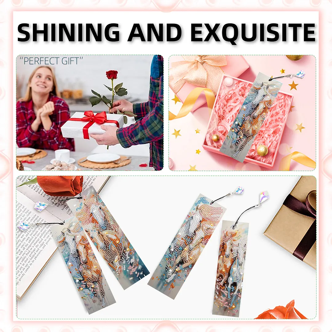 4Pcs Galloping Horse DIY Diamond Bookmark Art Projects Irregular Shaped Diamonds Diamond Painting Art Bookmarks with Crystal Pendants for DIY Making Beginners Adult Art Craft Supplies