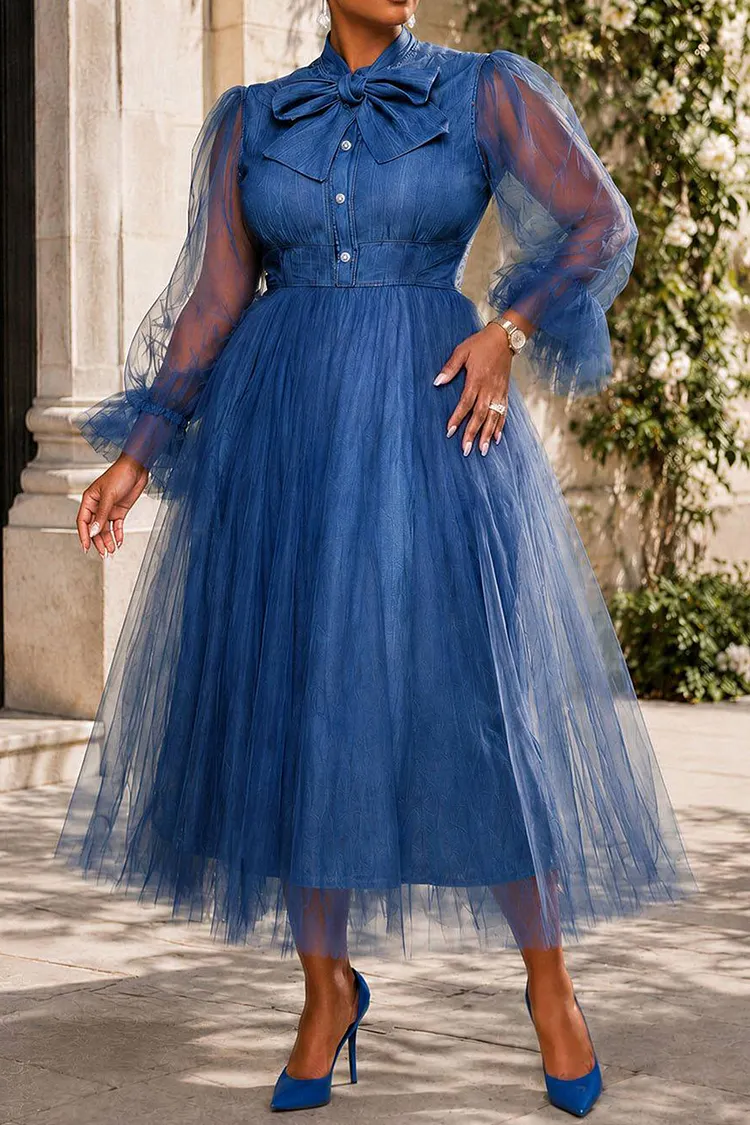 Xpluswear Design Plus Size Business Casual Tulle Blue Stand-Up