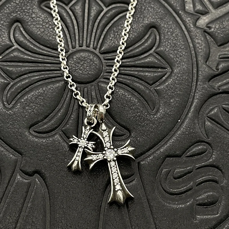 Vintage Rhinestones Crucifix Men's Titanium Steel Necklace