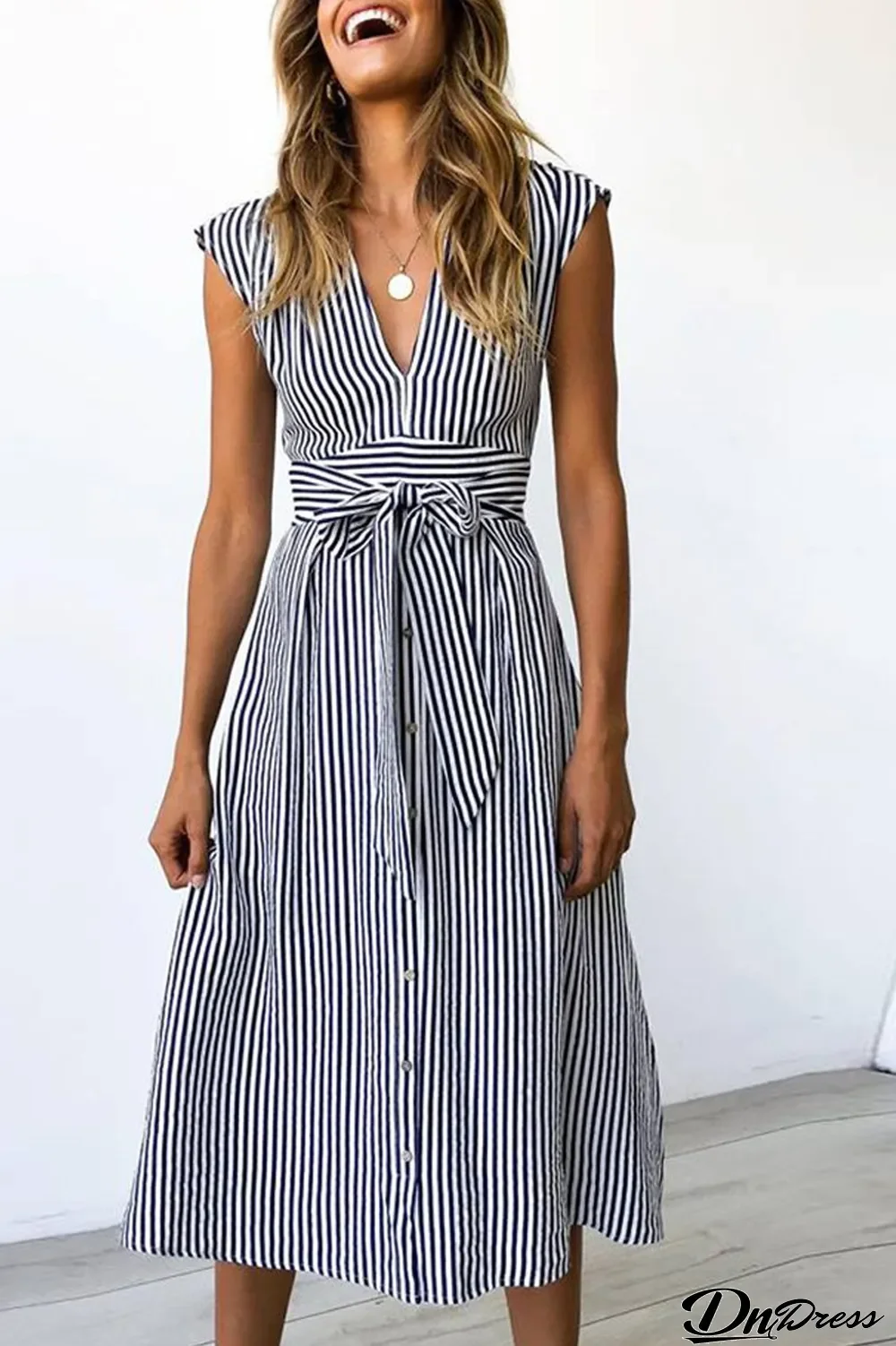 Sleeveless Stripe Lace Up V-Neck Dress