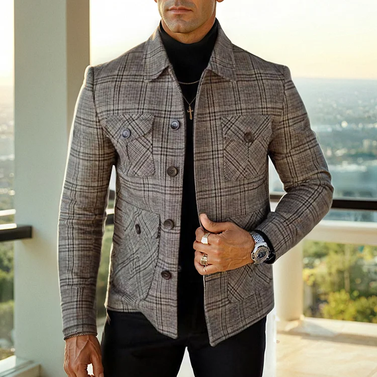 Okaywear Plaid Multi-Pocket Turndown Collar Button Up Jacket 