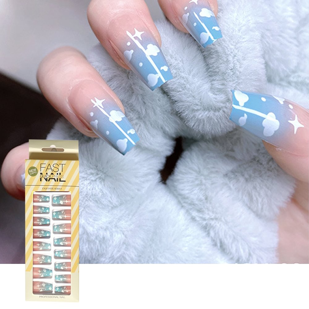 Shecustoms™ 24 Pcs Blue Sky & White Clouds Press On Nails Coffin Long Fake Nails