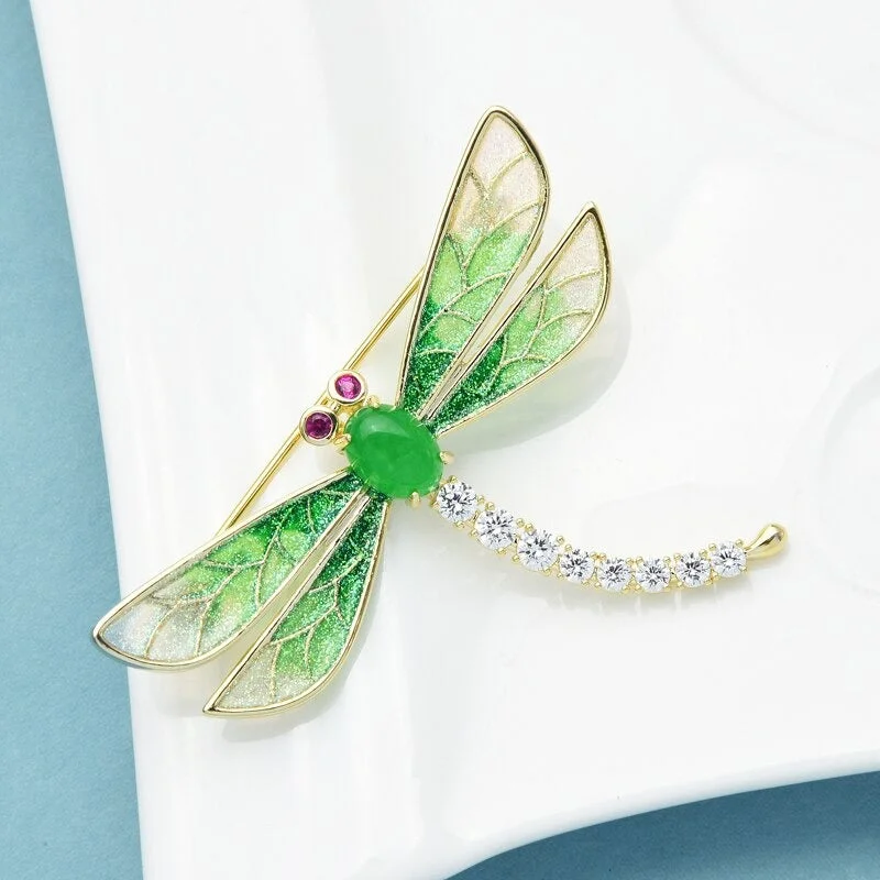 Shimmering Zircon Dragonfly Enamel Brooch Pins