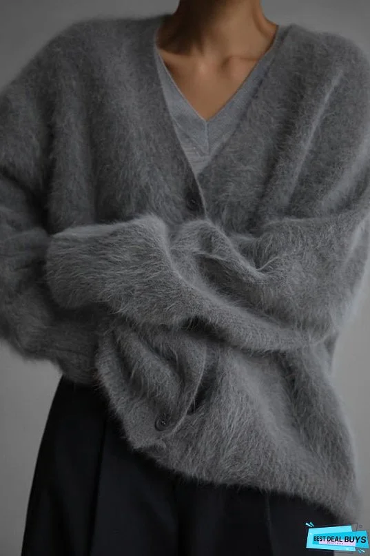 Solid Color Loose V-neck Long-sleeved Lazy Knitted Cardigan