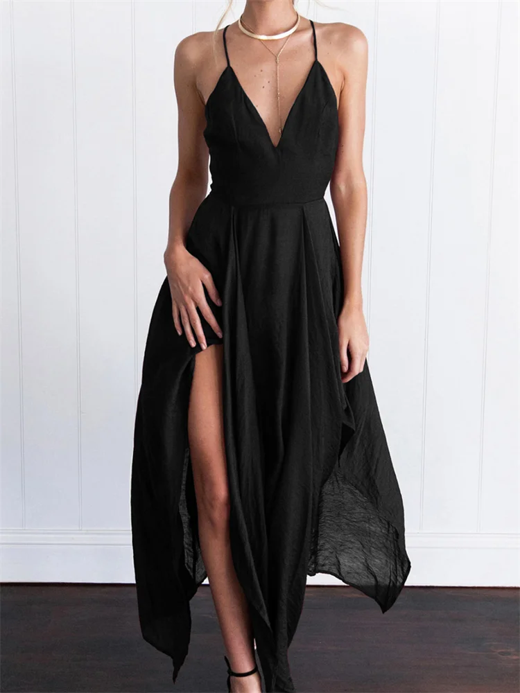 V Neck Cross Back Irregular Hem Maxi Dress