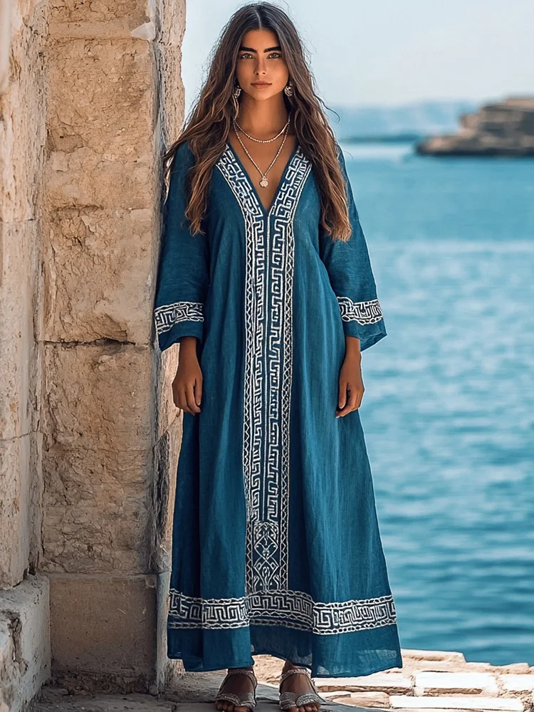Classic Elegant Greek Key V Neck Linen Blend Maxi Dress