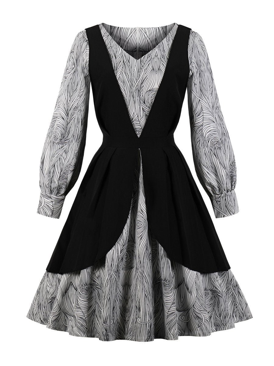 1940s Dress Stitching Print Fake Two-piece Swing Dress