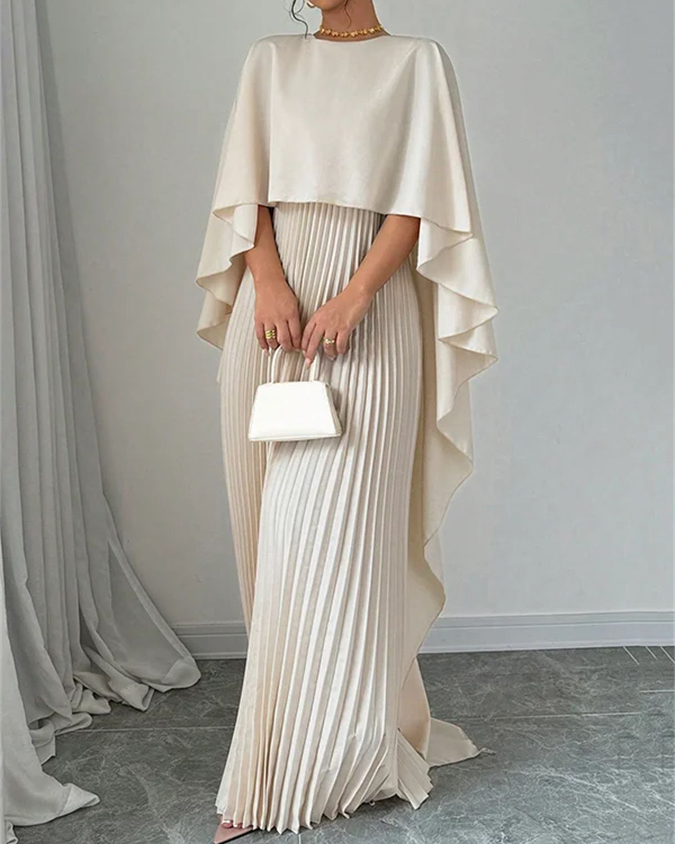 Cape Wide Sleeve High Neck Pleated Maxi Dress