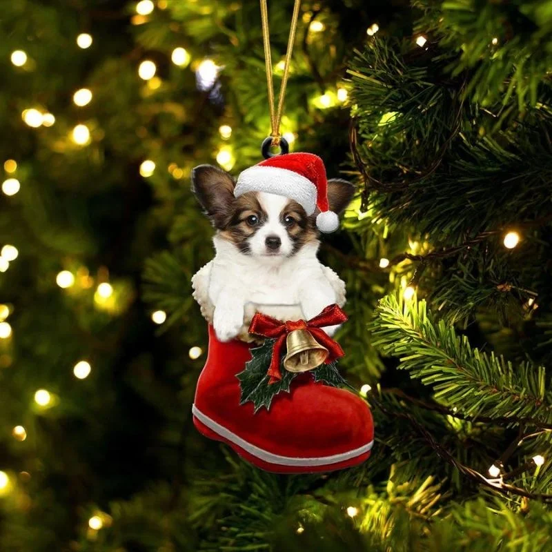 VigorDaily Papillon Dog In Santa Boot Christmas Hanging Ornament SB112