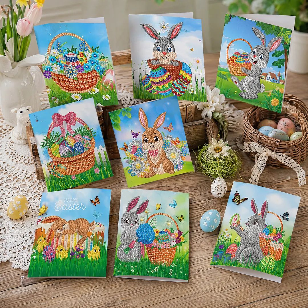 8PCS Outdoor Rabbit DIY Diamond Painting Greeting Card Kits with Envelopes Diamond Art Greeting Cards Diamond Art Cards Kits for Adults DIY Crafts Family Friend Gifts