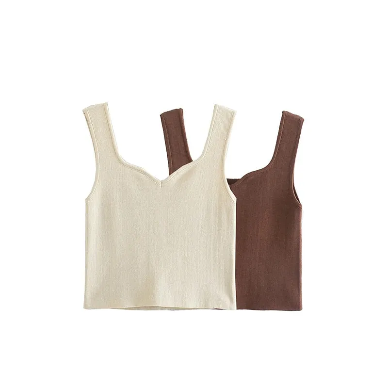 Za Women's Tanks Tops Knitted Cropped Tops Female Camis Sleeveless Sexy Skinny Vest Solid Tiny Clothes Backless Knitwear Casual
