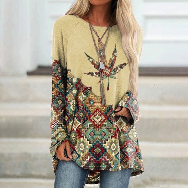 Vefave Casual Totem Patchwork Leaf Print Tunic